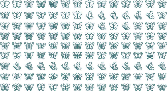 Teal butterfly icons, blue butterflies, vector graphics, insect illustrations, 100 butterfly designs
