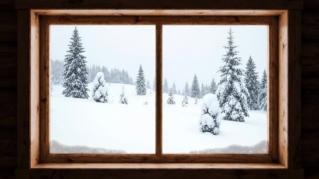A wooden window frames a snowy winter vista of conifer trees