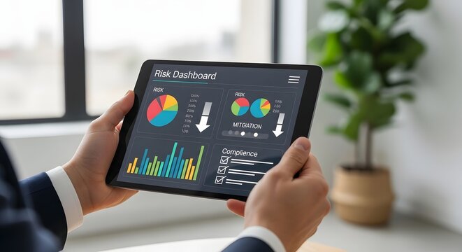 Business person holding tablet computer displaying risk dashboard report.