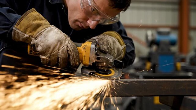A worker grinds metal, generating sparks in a workshop setting