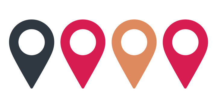 Red location map pointer icons set with GPS pin markers, flat and line navigation symbols for destination, travel, mapping, and mobile app interface design projects