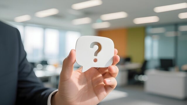 Business Professional Holding a Question Mark Symbol in Office Environment.