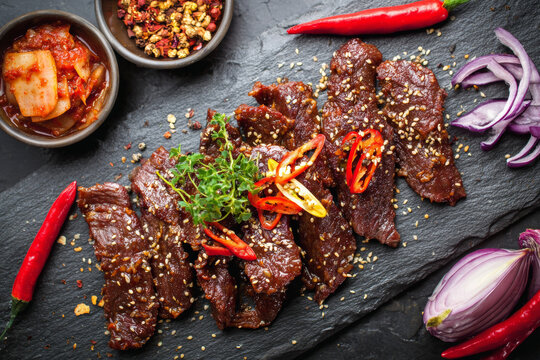 A traditional Korean cuisine feast captured in food photography: grilled meat, bibimbap, kimbap, tteokbokki, and a variety of banchan like kimchi and jorim. Rich and colorful.