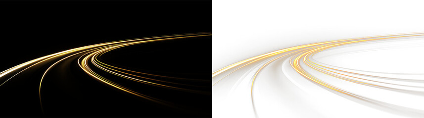 Golden curved lines of light isolated on transparent and black background, showing flowing motion and direction in an abstract scene, light overlay, PNG © tanandaa