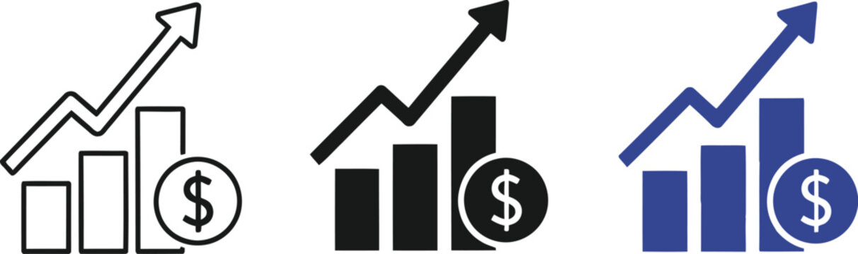 Financial growth and progress three rising bar graphs with dollar signs