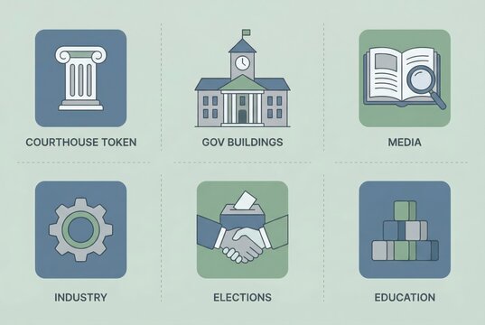 Modern architectural icons representing civic pride including courthouse, government buildings, industry symbols, and education reflecting societal values and democratic principles