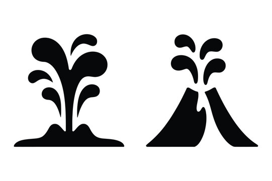 Two black and white vector illustrations of erupting geysers or volcanoes