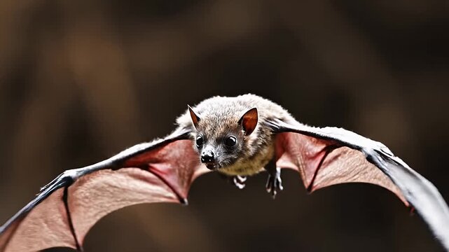 Fruit bat flying with wings spread against dark background