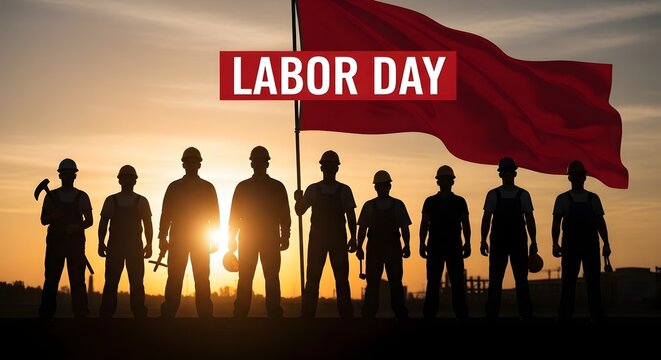 Group of silhouette construction workers holding red flag at sunset time.