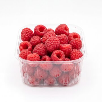 Fresh ripe raspberries in a transparent plastic punnet