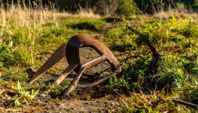 A weathered and rusted metal fork lying discarded in a patch of wild green weeds and dry grass, representing the passage of time and the slow decay of human artifacts in a natural environment.