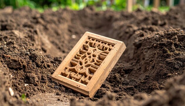 An ornate ceramic drainage tile rests embedded within the dark compacted soil, revealing a unique historical design in an open excavation site meant for agricultural or landscape irrigation.