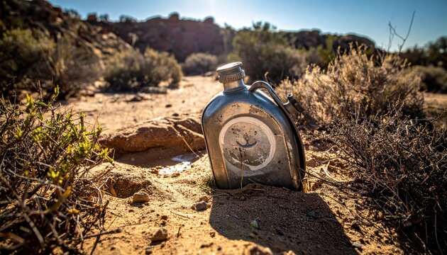 A weathered and dented metal canteen sits abandoned on the parched sandy desert floor in the bright afternoon sun, evoking themes of survival, lost adventure, and the harsh reality of arid lands.