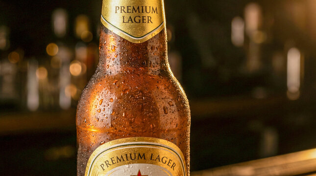Botella de cerveza helada con gotas de agua, fondo oscuro desenfocado, luz dram&aacute;tica, estilo publicitario premium.