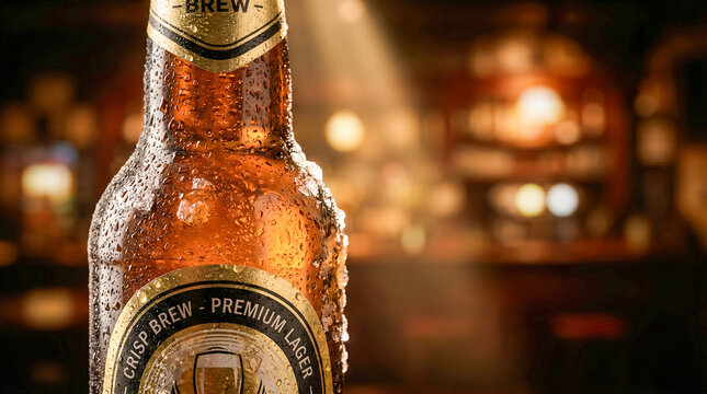 Botella de cerveza helada con gotas de agua, fondo oscuro desenfocado, luz dram&aacute;tica, estilo publicitario premium.