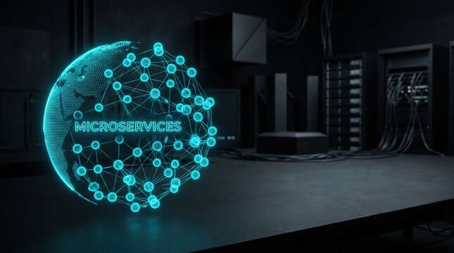 Abstract representation of microservices architecture with interconnected nodes forming a globe on a dark background with server racks in the background