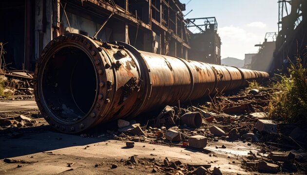 A massive dented and weathered metal pipe lies abandoned at a decaying industrial site, showing signs of severe corrosion and historical structural damage under clear daylight conditions.