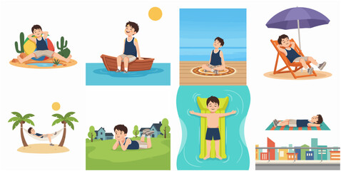 Fototapeta premium Cartoon Boy Relaxing in Various Summer Vacation Scenes Vector Illustration Set