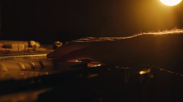 Playing piano vintage retro synthesizer. Close up of man hands playing jazz on the piano. Fingers on the piano, vintage colors. A very close look at a jazz pianist hands. Man playing the piano, close