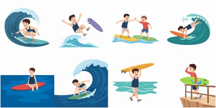 Set of cartoon illustrations featuring young boys surfing, catching waves, and enjoying beach activities on surfboards.