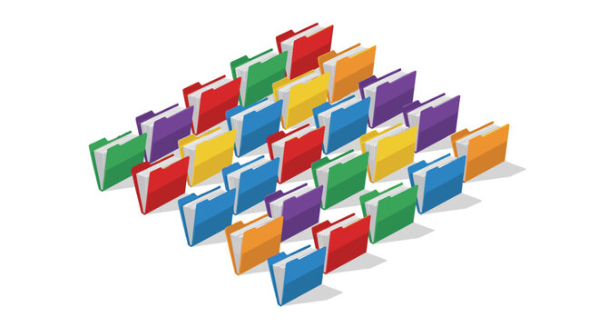 Multiple colorful file folders are arranged in a diagonal isometric pattern across a neutral grey surface featuring clean lines and a soft, professional lighting setup.