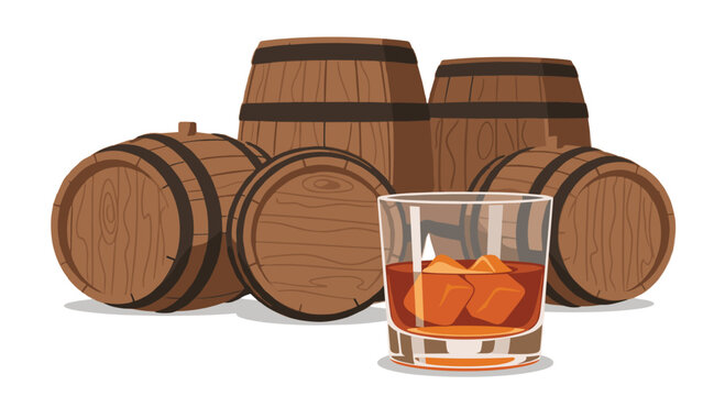 A single rocks glass filled with amber whiskey and ice cubes sits in the foreground of several rustic wooden barrels arranged on a clean, light-colored background.