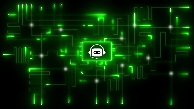 Futuristic digital circuit board with glowing green lines and a central A I chat bot icon, "AI chat bot icon monitors digital system, Futuristic schematic and neon circuits enhance network .