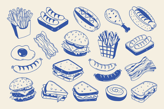 Hand Drawn Fast Food Line Art Elements Collection