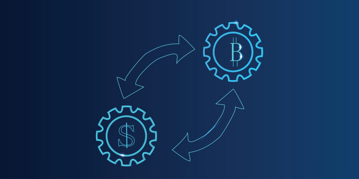 Cryptocurrency exchange concept with bitcoin and dollar gear icons and circular arrows on dark blue, fintech currency conversion and trading background