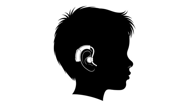 Silhouette of a child profile wearing a hearing aid device.