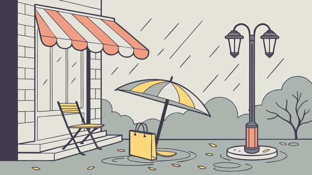 A shopping bag under an umbrella in the rain outside a cafe shop store front