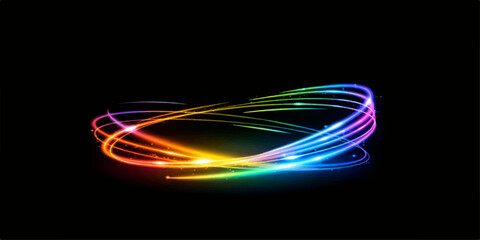Abstract colorful vector background featuring glowing rainbow lines and flowing wave patterns with a fractal motion effect on a black backdrop © ROZINA