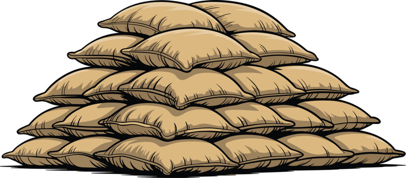 Stack of sandbags arranged as protective barrier or flood defense