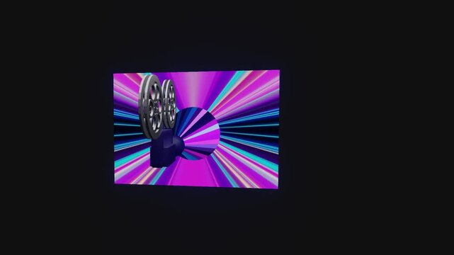 10 seconds stylized vintage retro movie reel film celluloid projector shimmering light cone screen black background animation screensaver visualizer HD video 
