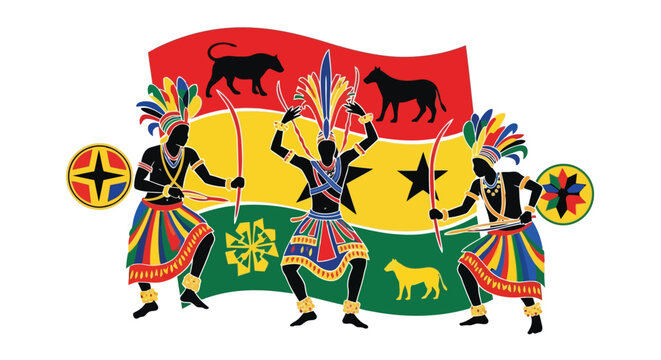 Ghanaian dancers in traditional regalia performing with flag illustration isolated on white background