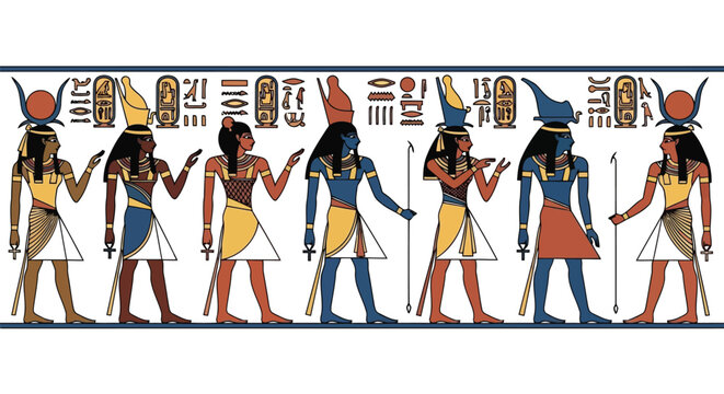Ancient Egyptian deities and figures in procession with hieroglyphs isolated on white background