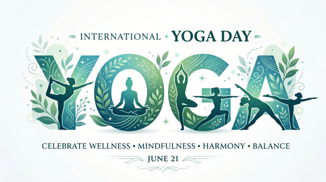 International yoga day typography concept with people performing poses inside word yoga representing wellness mindfulness harmony and healthy lifestyle celebration design