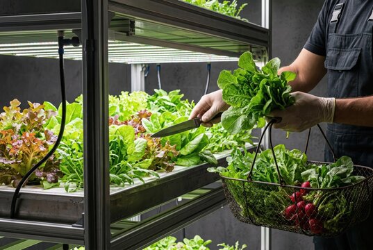 Hands expertly harvesting fresh organic greens from hydroponic garden showcasing gardener in action under bright LED lighting illuminating leafy textures and healthful abundance