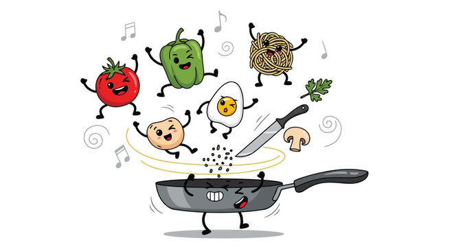 Happy cartoon food characters dancing around a frying pan isolated on white background