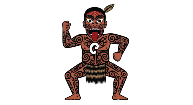 Maori warrior performing Haka with facial tattoo illustration isolated on white background