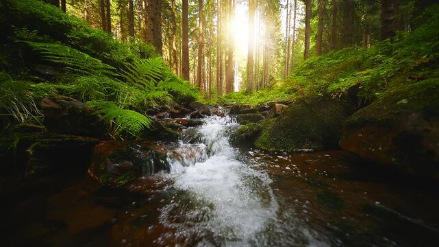 Static 4K footage of a forest stream with clear flowing water and soft birdsong. Relaxing natural ambience captured in a peaceful woodland setting, perfect for meditation and nature videos.