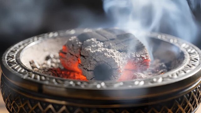 Closeup of glowing hot charcoal burning with smoke rising.