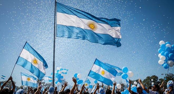 Argentina flag waving in the wind with a crowd of people cheering and blue balloons against a clear blue sky on a sunny day