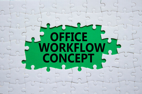 Office Workflow Concept symbol. White puzzle with words Office Workflow Concept. Beautiful green background. Business concept. Copy space.