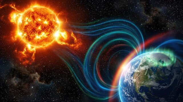Sun, emitting powerful solar flare eruption, sending energetic plasma stream toward planet Earth, causing intense geomagnetic storm, producing brilliant polar light manifestation.