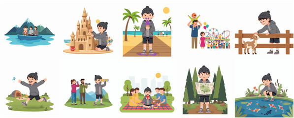 Fototapeta premium Cute Boy Character Cartoon Illustration Set of Travel and Summer Vacation Activities