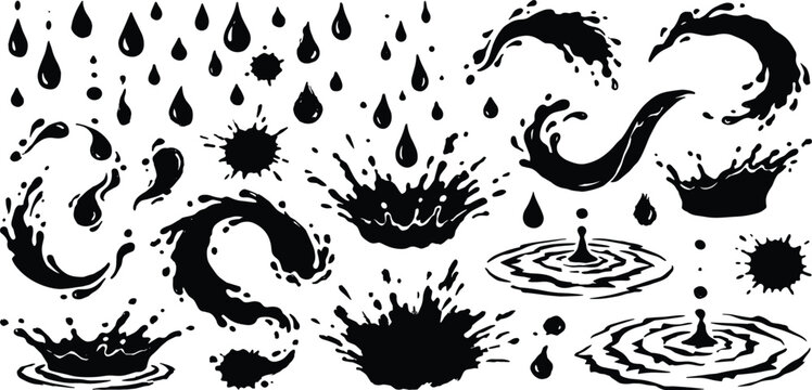 Black water splash and liquid drop vector silhouette set featuring ink splatters ripples and fluid wave shapes for dynamic graphic design and artistic branding,