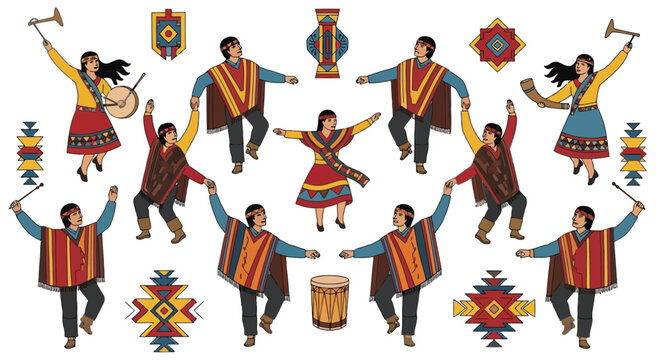 Group of people in traditional Andean clothing illustration isolated on white background