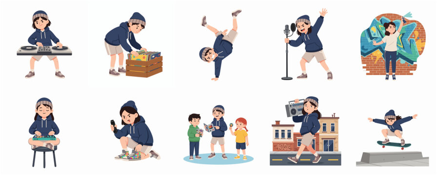 Set of diverse children characters engaged in various hip hop culture activities like DJing, breakdancing, skateboarding, and graffiti art illustration.