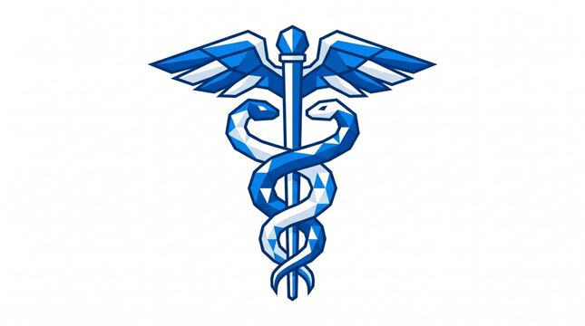Geometric Blue Caduceus Medical Symbol on White Background